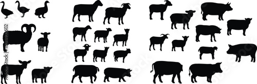 Farm animal silhouettes set, livestock collection illustration, cow sheep goat pig duck icons, rural agriculture animals, black vector design, farming icon bundle