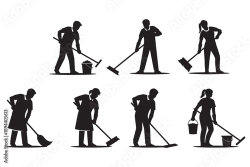 Silhouettes of people cleaning with brooms and buckets on a white background