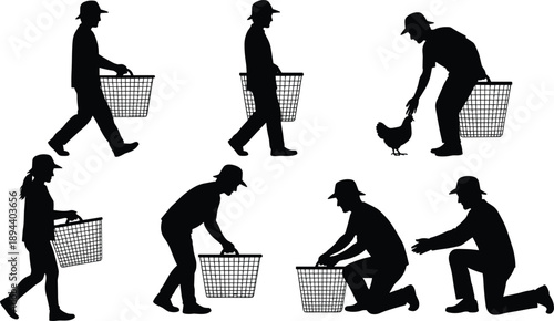 Farm worker collecting chickens silhouette vector illustration, rural poultry farming activities, people carrying baskets, agriculture work scene isolated on white