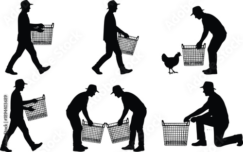 Farm worker collecting chickens silhouette vector illustration, rural poultry farming process, people carrying baskets, agriculture labor sequence isolated on white