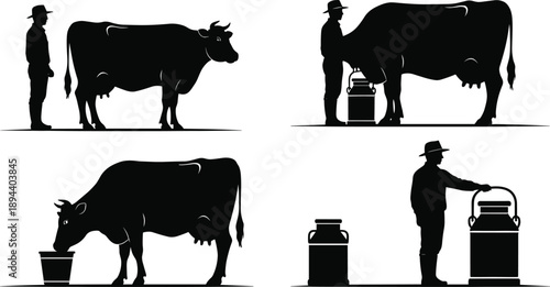 Farmer and cow silhouette vector illustration, dairy farming scenes showing milking process, milk storage, rural agriculture lifestyle, traditional livestock farming concept