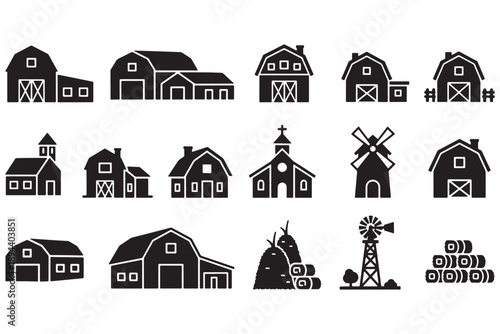 A collection of black and white farm icons on a clean white background