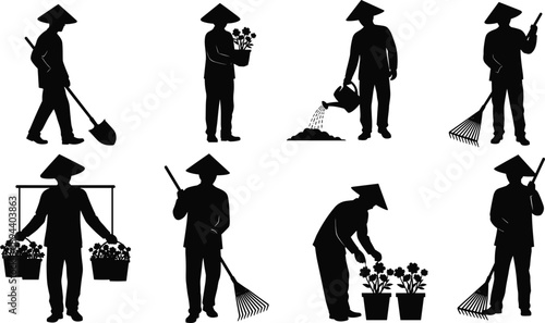 Farmer gardening silhouette vector set, agricultural worker planting, watering flowers, carrying plants and using tools, traditional rural farming activities isolated