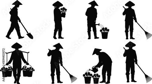 Farmer gardening silhouette set vector illustration, agricultural worker planting, watering, carrying plants and tools, traditional rural farming activities isolated