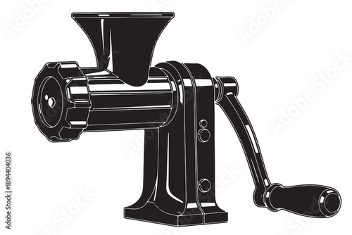 A black and white illustration of a manual meat grinder on a plain background