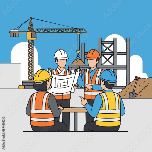 Construction Team Meeting. Engineers and Architects Reviewing Blueprints on Site. Hard Hat Professionals Discussing Project Management.