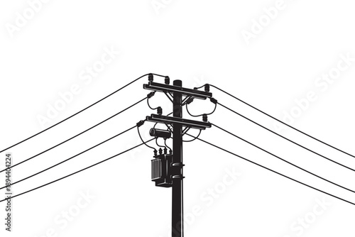 A black and white image of a power pole with wires against a plain background