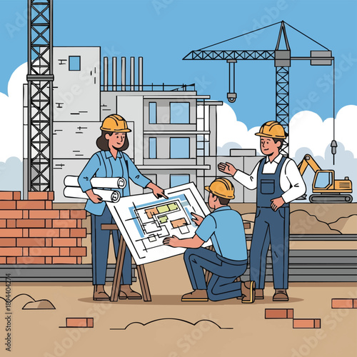 Diverse Construction Team Reviewing Blueprint Plan on Site. Architects, Engineers, and Workers Collaborating on Building Project Management and Development.