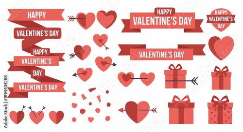Valentine's Day illustration featuring hearts, gifts, and banners in a festive arrangement from a straightforward viewpoint