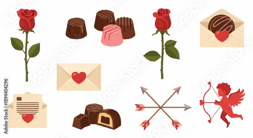 Valentine's Day elements, including roses, chocolates, letters, and Cupid's arrows, arranged in a collage style illustration.