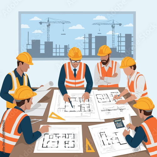 Construction Team Meeting: Architects and Engineers Reviewing Blueprints, Floor Plans, and Project Development.