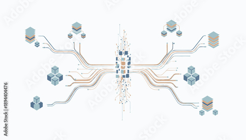 Digital network infrastructure with interconnected nodes and data flow.