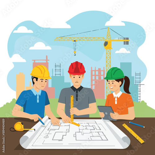 Diverse Engineering Team Planning Construction Project. Architects and Builders Reviewing Blueprint Plans with Crane Background.