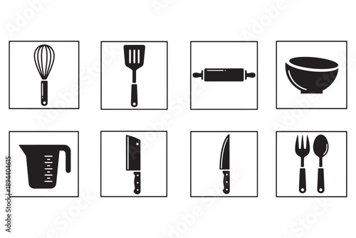 A set of kitchen utensil icons including a whisk, spatula, rolling pin, bowl, measuring cup, chef's knife, paring knife, and fork and spoon.