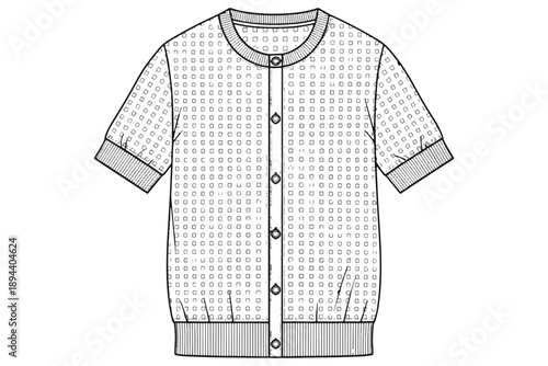A detailed line drawing of a short-sleeved cardigan with a button-front design