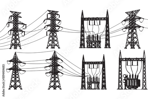 An illustration of various power transmission towers and electrical substations against a white background