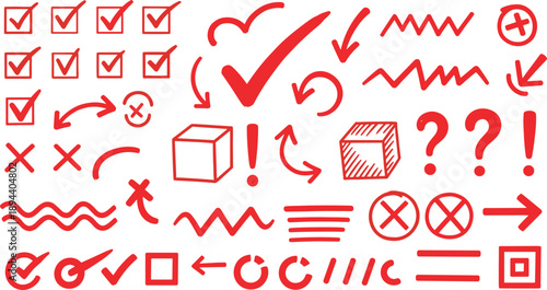 Red hand drawn mark set with check box, arrow doodle, question mark, cad drawing flat vector illustration, isolated symbol collection.