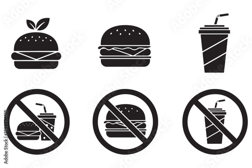 A set of black icons depicting healthy and unhealthy food and drink options with prohibition signs