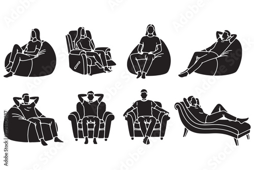A set of people sitting in various chairs and lounging comfortably in different poses and furniture.