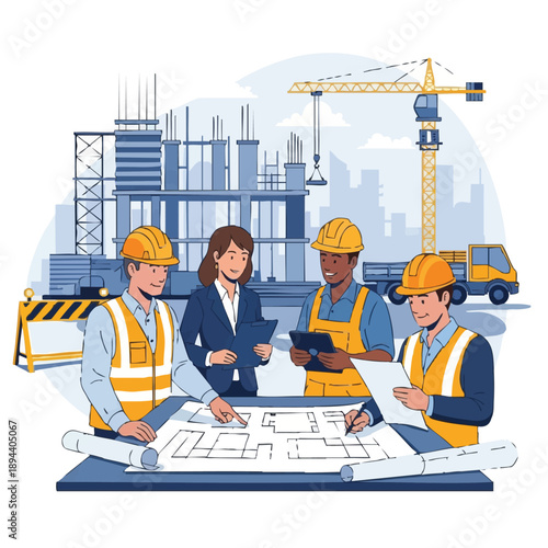 Construction Team Reviewing Blueprints: Diverse Engineers and Workers Planning Project on Building Site