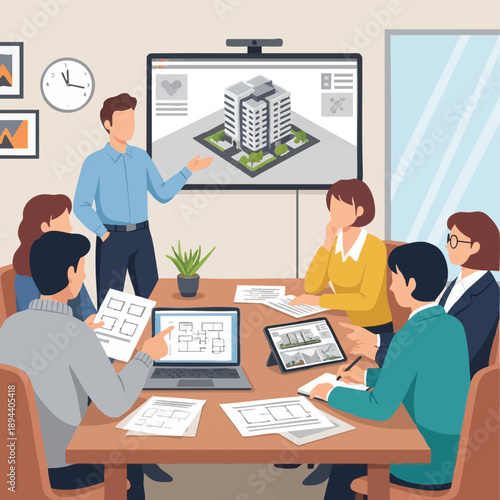 Real Estate Developers Meeting: Team reviewing architectural blueprints and 3D building design projection during a business planning presentation.