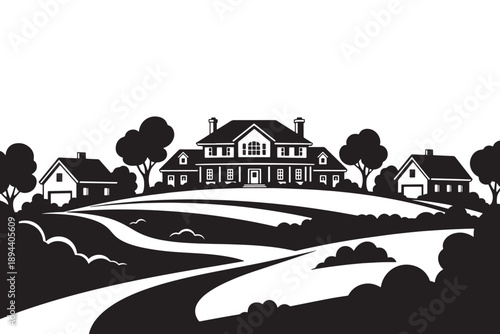 A large house with a winding driveway and trees on a hill