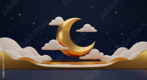 Gold Crescent Moon with Clouds for Ramadan Eid Hari Raya Night Scene in 3D