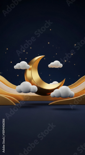 Gold Crescent Moon with Clouds for Ramadan Eid Hari Raya Night Scene in 3D
