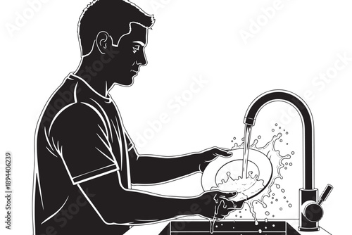 A man washing dishes in a sink with running water