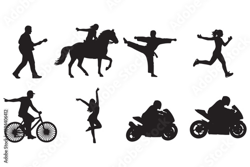 A group of people engaging in various physical activities in silhouette form