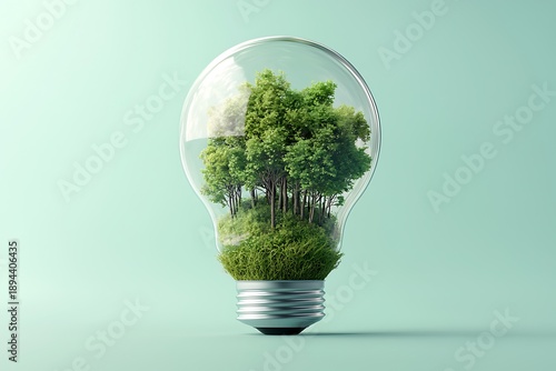 Light Bulb Containing Lush Green Forest and Grass Representing Eco-Friendly Energy Concept