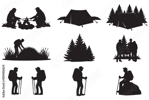 A group of people camping and hiking in the woods with tents and backpacks