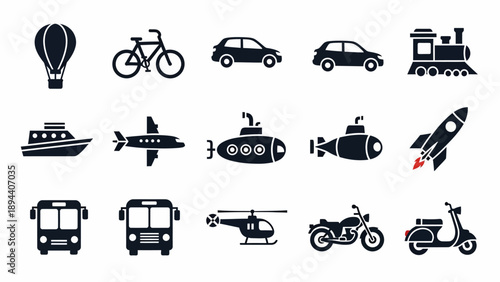 Collection of Various Vehicle Silhouettes and Icons.