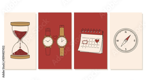 Four distinct illustrations depicting concepts of time, direction, and love, including an hourglass, watches, a calendar, and a compass.