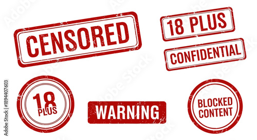 Collection of red rubber stamp-style warning and restriction labels including censored, 18 plus, confidential, warning, and blocked content.