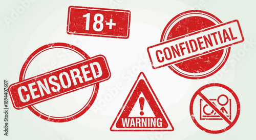 Collection of red grunge rubber stamp icons and a warning sign indicating restricted or sensitive content.