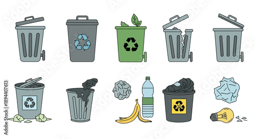 Collection of various trash cans, recycling bins, and different types of waste, illustrating waste management and environmental responsibility.