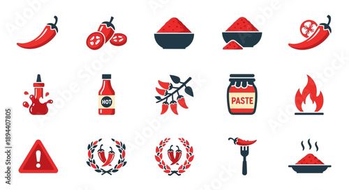 A comprehensive set of flat design icons depicting various forms of chili peppers, hot spices, and related food items, including powder, paste, and sauce.