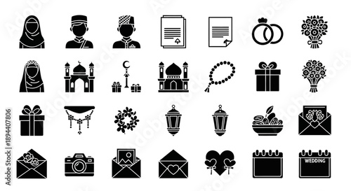 A comprehensive collection of black and white glyph icons representing Islamic wedding traditions, cultural elements, and celebration symbols.