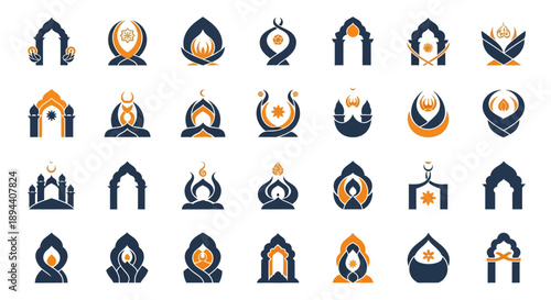 A comprehensive collection of stylized Islamic architectural elements and abstract mosque arch designs, featuring crescent moons and stars in a modern dark blue and gold color palette.