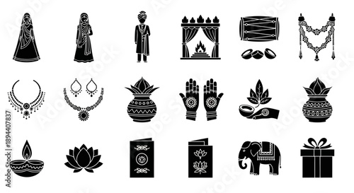 A collection of black silhouette icons representing traditional Indian wedding and cultural elements, including bride, groom, mandap, jewelry, mehendi, and religious symbols.