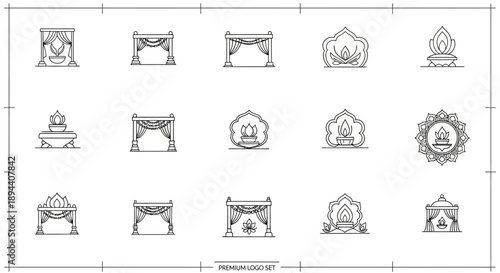 A collection of minimalist line art icons depicting traditional Indian and Hindu cultural elements, including mandaps, altars, and decorative motifs, presented as a premium logo set.