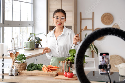 Asian happy female food blo...