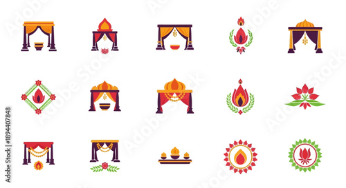 Collection of traditional Indian wedding mandap and cultural decorative elements icons in a flat design style.