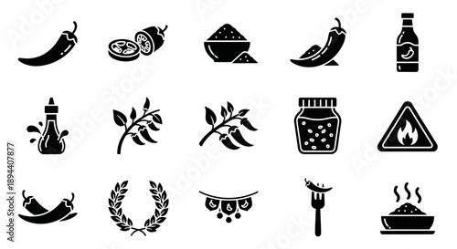 A collection of black and white vector icons depicting various forms of chili peppers, spicy food, sauces, and related culinary elements.