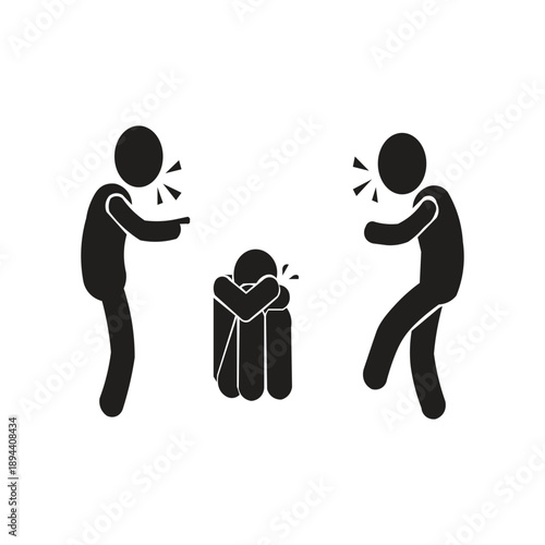 Icon image of someone bullying their friend. Silhouette illustration is generally designed to highlight fragility, isolation, and emotional stress.