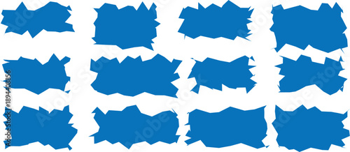 A grid of twelve vibrant blue irregular shapes featuring jagged edges against a pristine white background