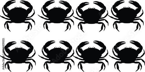 Black crab silhouette pattern illustration featuring repeating crustacean shapes, marine wildlife design, seafood concept background, ocean animal texture, minimal nautical artwork on white backdrop