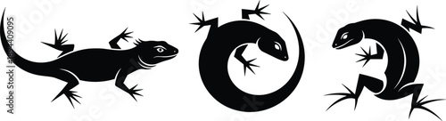 Black gecko lizard silhouettes set in dynamic poses isolated on white background, minimalist vector reptile icons for branding, tattoo, logo, and design projects
