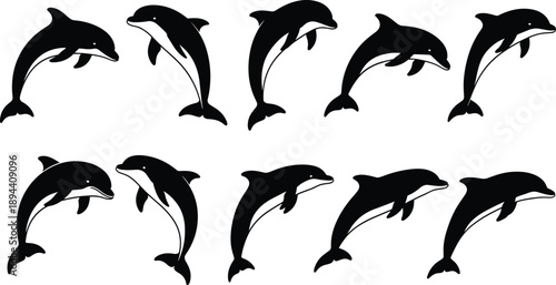 Black dolphin silhouette collection showing jumping and swimming poses isolated on white background, marine mammal vector illustration set for ocean, wildlife, and nature designs